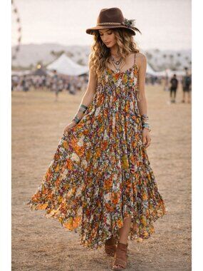 FP One Free People Crisscross Boho Floral Maxi Dress Festival Sz Small